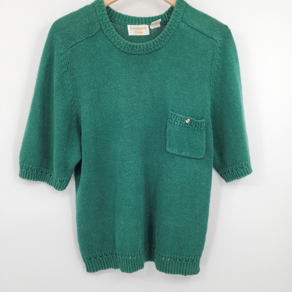Vintage 90s Green Knit Short Sleeve Sweater Women Large Holiday Grandmacore